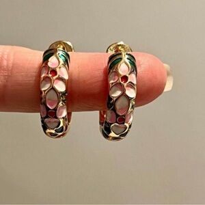 New Glowing Gold & Pink Cloisonné Floral Hoop Earrings